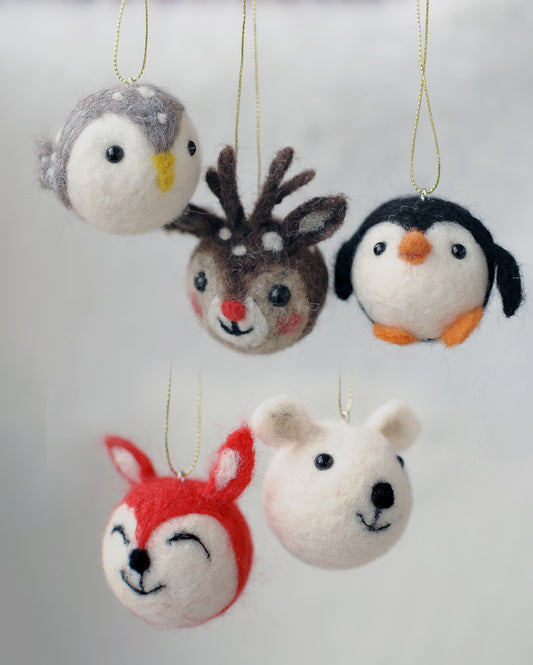 Needle felted Christmas ornament set of 5: fox, bear, owl, deer and penguin